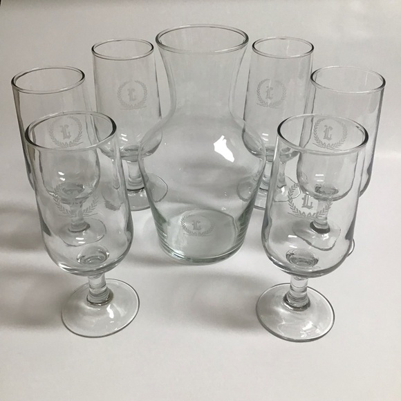 Letter L Monogram Wine Decanter Carafe 6 Glasses SET Etched Clear Glass Barware